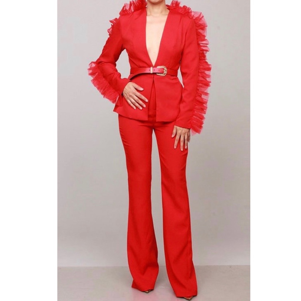 Red two piece suit